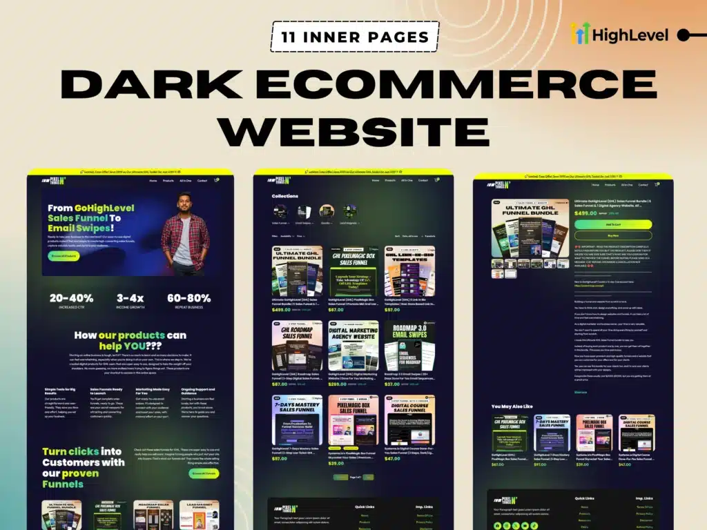 Dark-themed ecommerce website template for GoHighLevel – 11 inner pages to sell digital products and services with high conversion