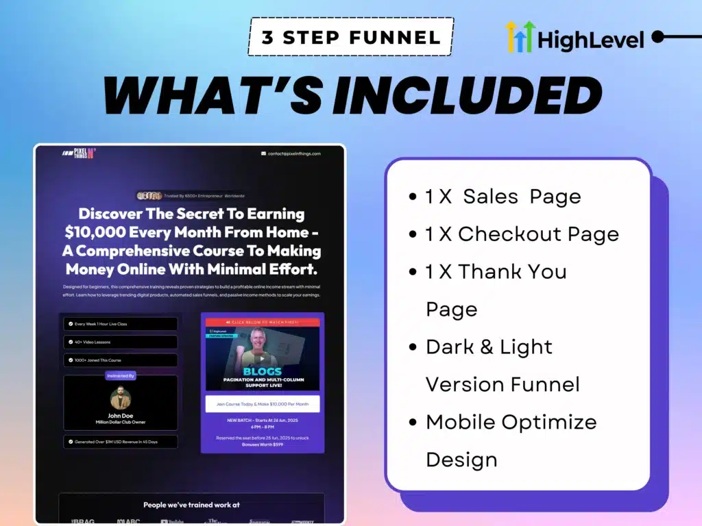 Features Included in GoHighLevel Coursepreneur Funnel_ 3-Step Funnel, Light & Dark Versions, GHL Compatible, Mobile-Ready, Editable