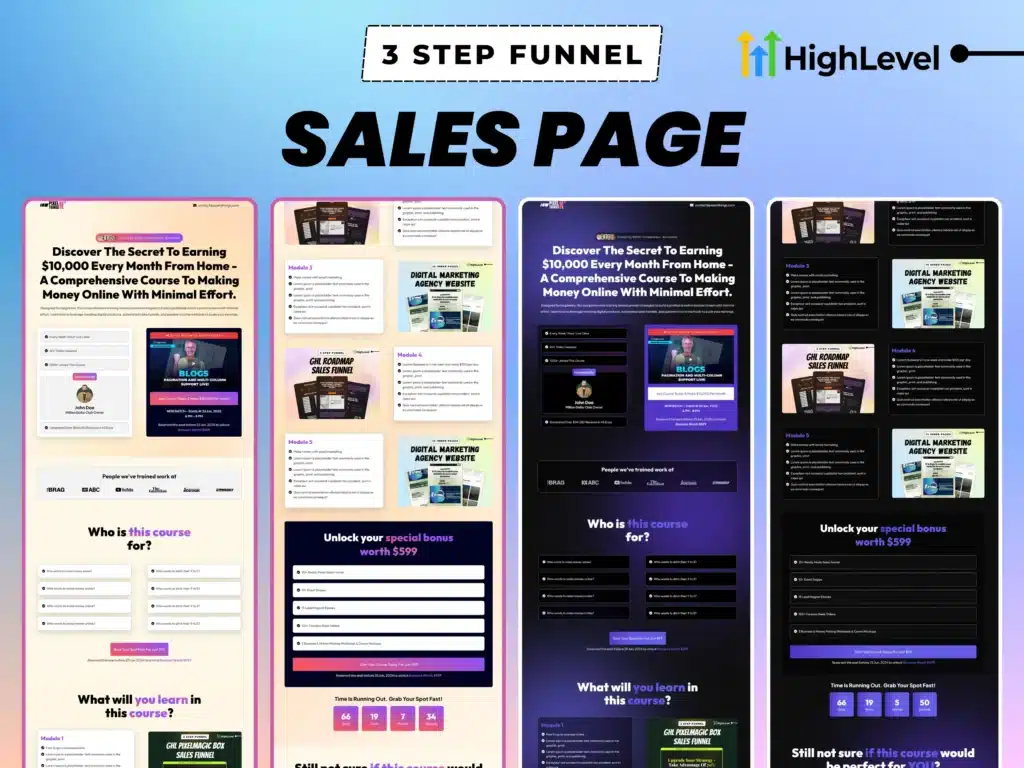 GoHighLevel Course Sales Page Template Dark and Light Versions