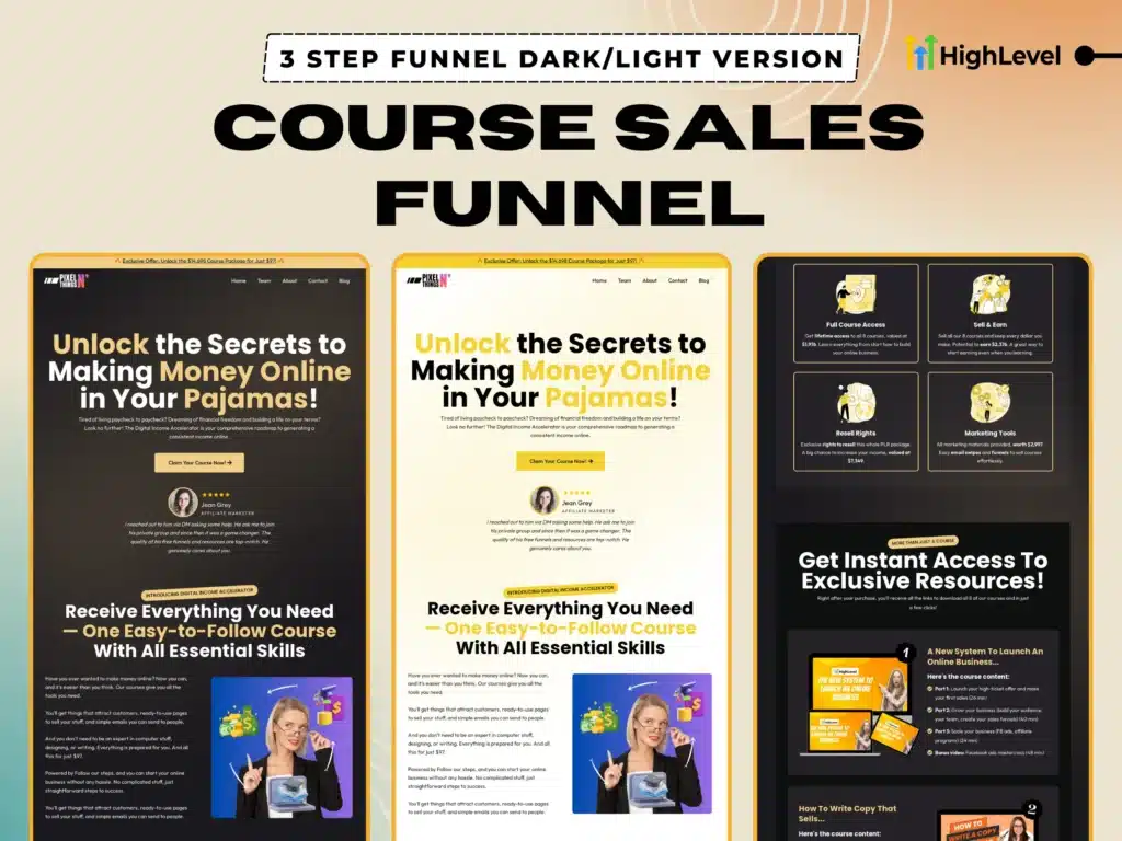GoHighLevel course sales funnel template – 3-step design with dark and light modes, built for digital course creators and coaches