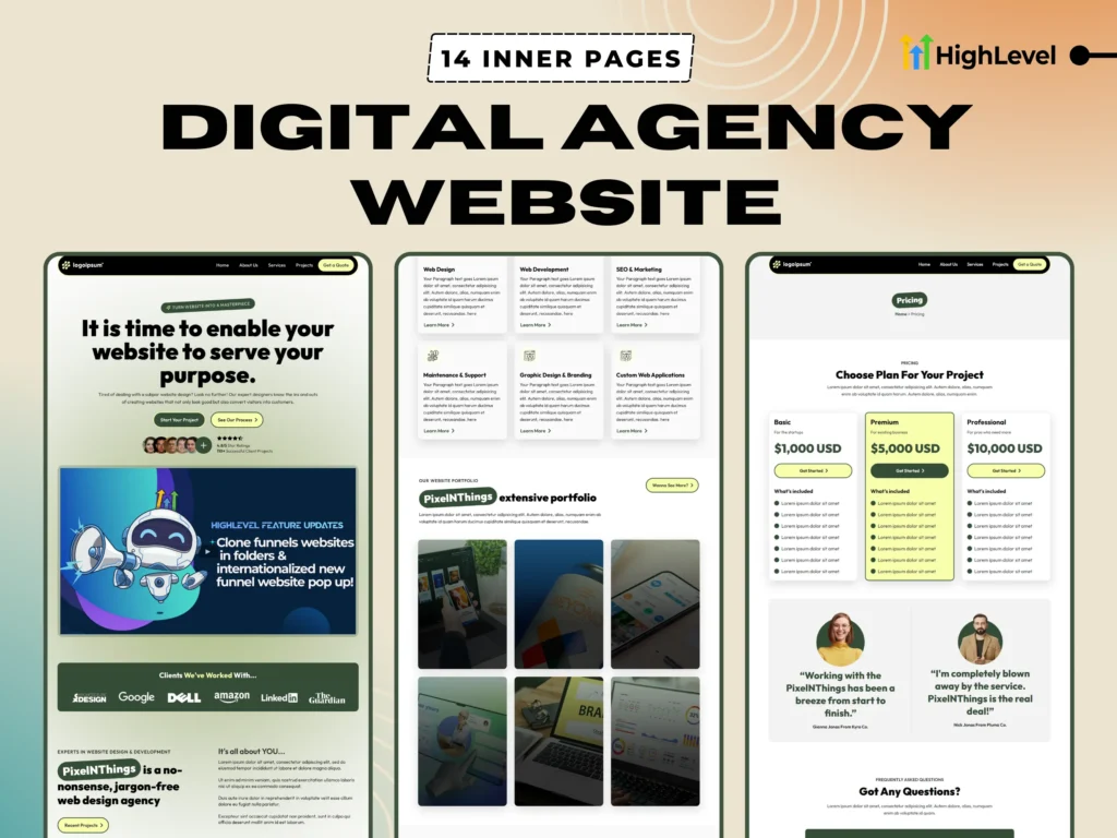 GoHighLevel digital agency website template with 14 inner pages – modern, responsive design for GHL users selling services online