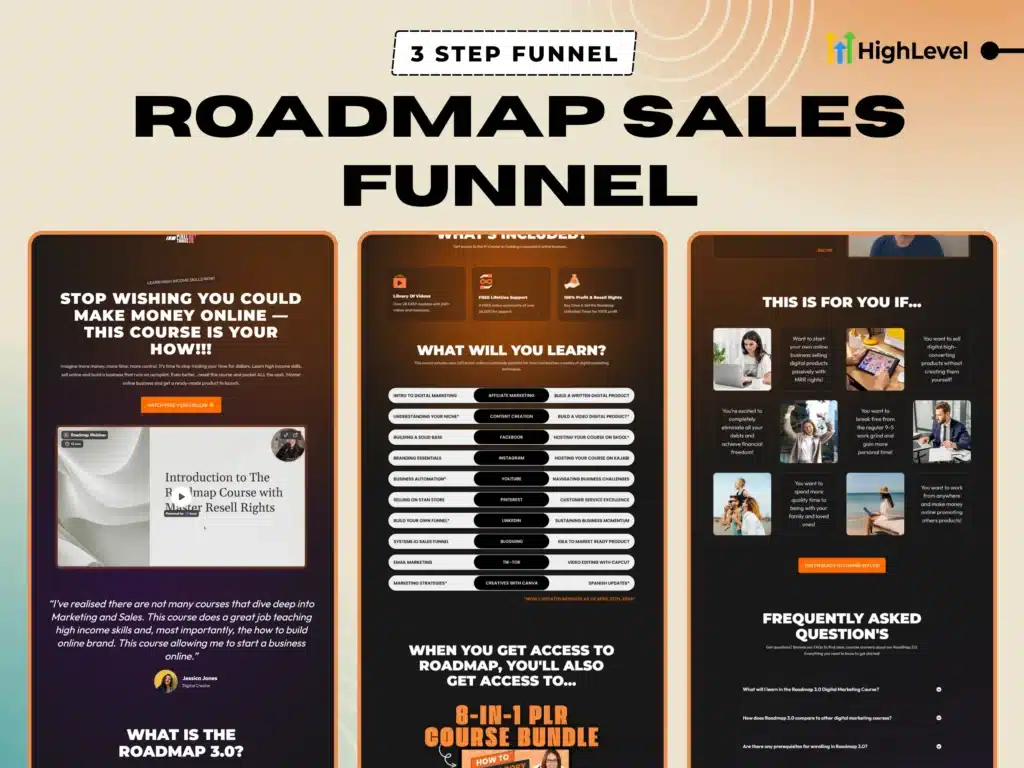 GoHighLevel roadmap funnel template – 3-step funnel for selling online courses with a visual roadmap or mini-course offer
