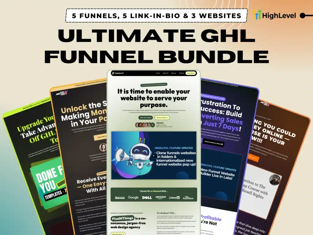 Ultimate GoHighLevel Funnel Kit preview – includes 5 sales funnels, 5 link-in-bio templates, digital agency website, SaaS landing page, and ecommerce site for GHL users
