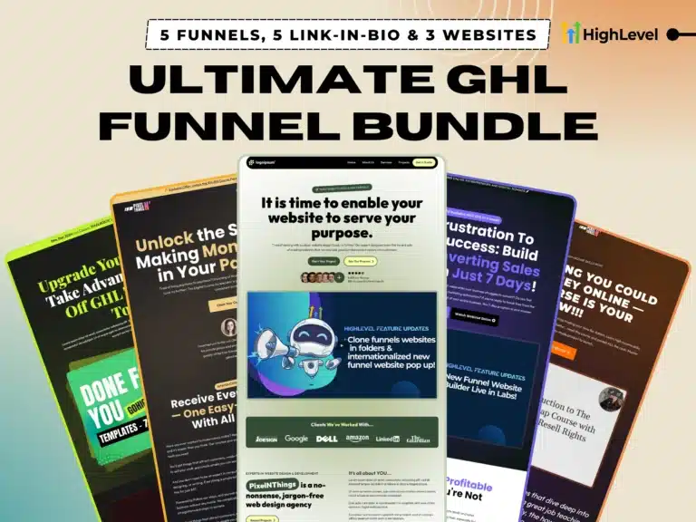 Ultimate GoHighLevel Funnel Kit preview – includes 5 sales funnels, 5 link-in-bio templates, digital agency website, SaaS landing page, and ecommerce site for GHL users