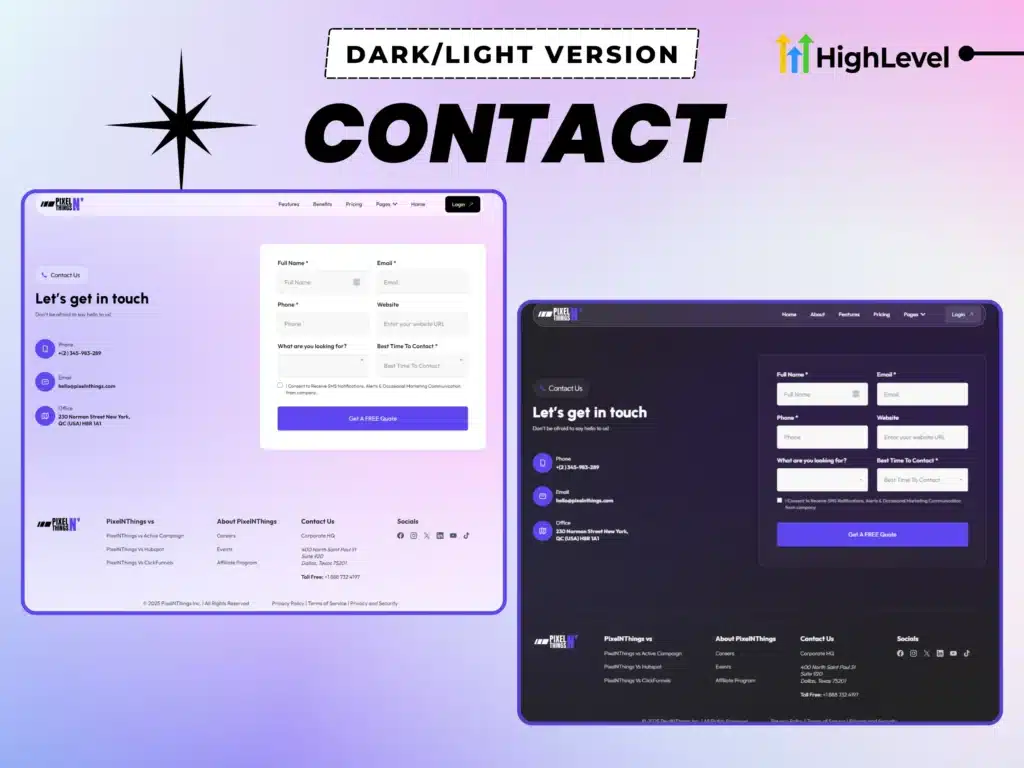 gohighlevel contact page template – dark and light designs for saas agencies