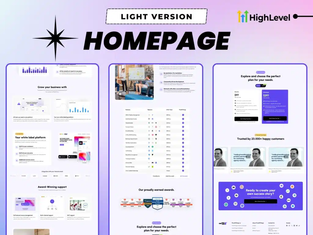 gohighlevel homepage showcase – light theme saas website layout