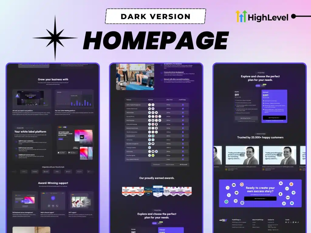 gohighlevel saas homepage layout – dark ui design for ghl resellers and saas creators