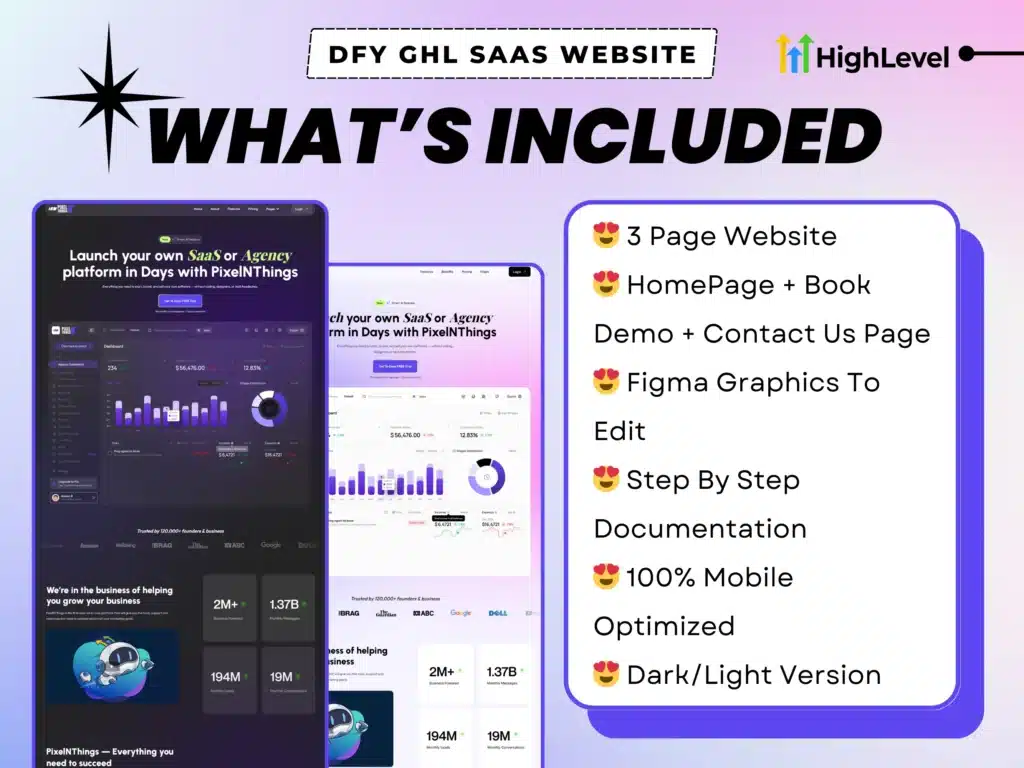 what's included in ghl saas website bundle – 3 page template, figma, docs, dark light ui