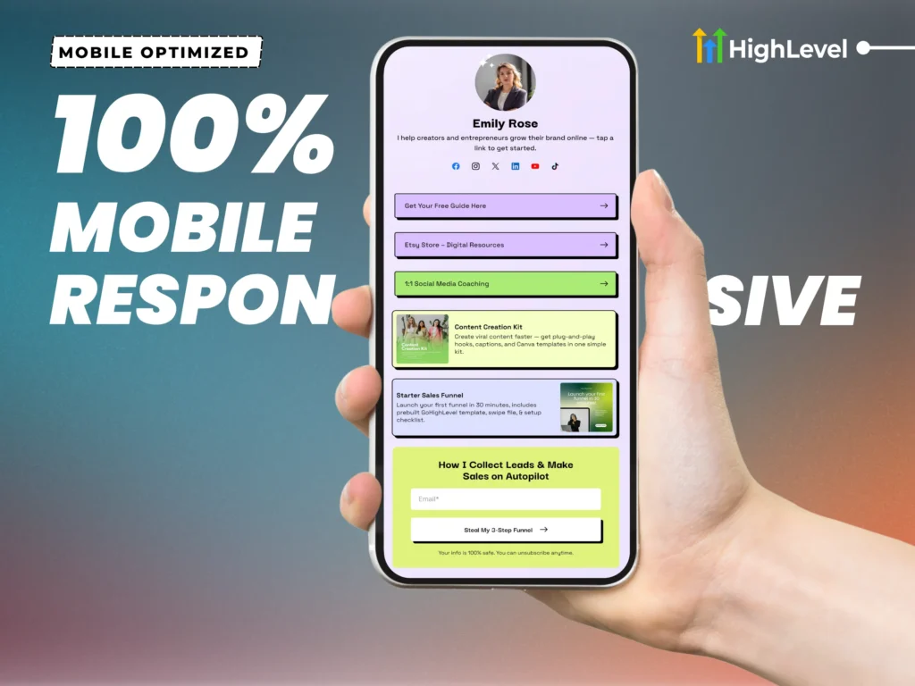 100% mobile responsive link in bio template for gohighlevel – professional social media landing page design with contact form for coaches and service providers