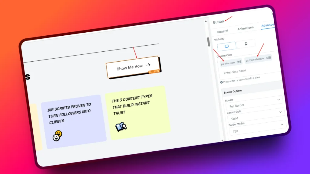 ghl builder screenshot of buttons having two custom css classes