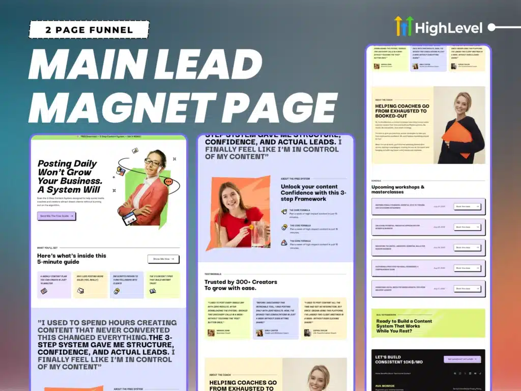 main opt in page for social coach lead funnel in gohighlevel – includes header, benefits section, and funnel preview cta