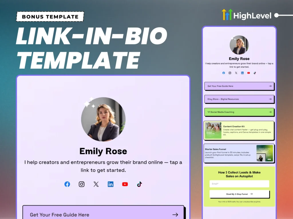 professional link in bio template for gohighlevel – modern social media landing page design with contact form and social links for coaches and content creators