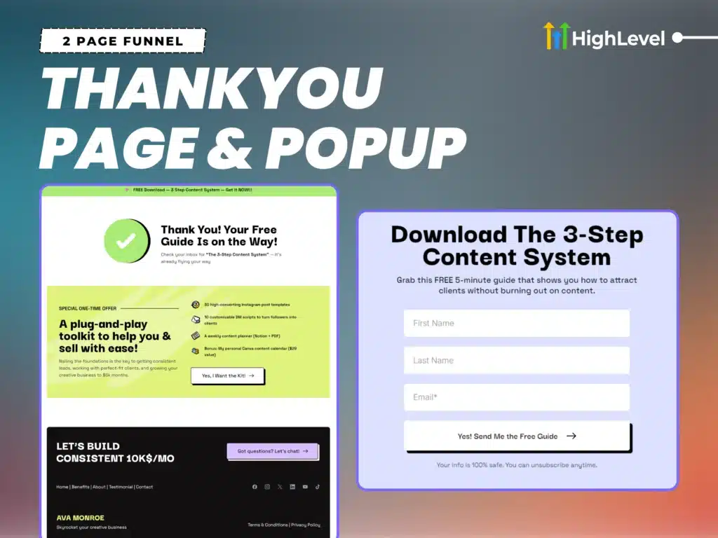 thank you page and pop up form for gohighlevel 2 step funnel – confirmation message with download option and product upsell