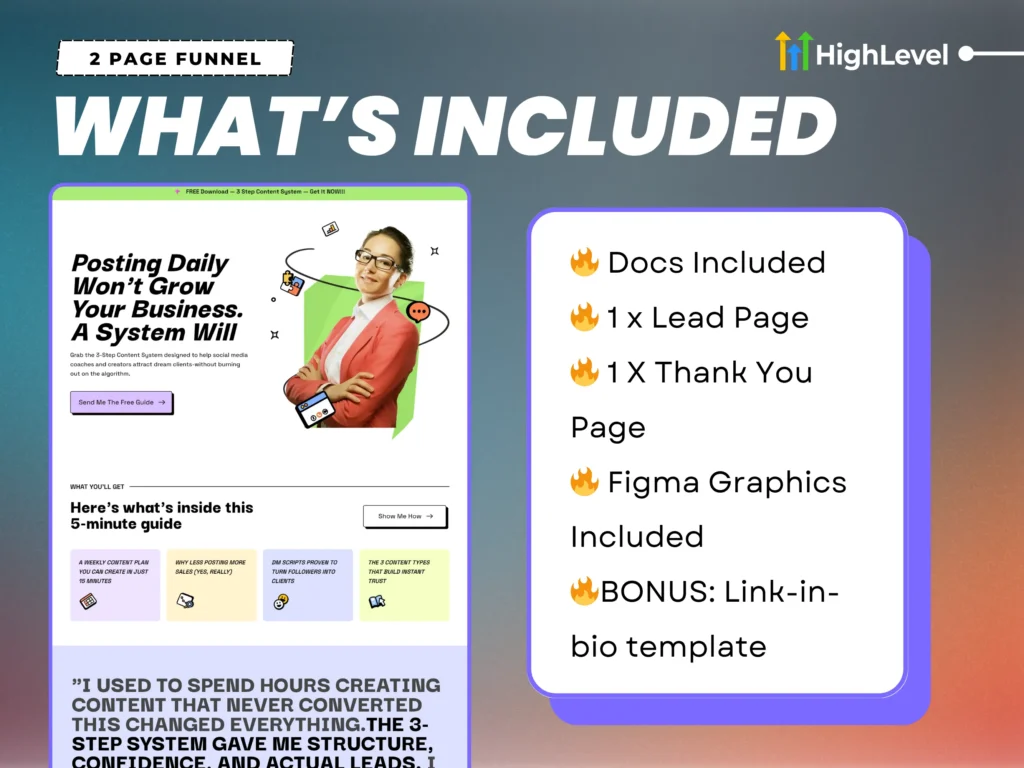what’s included in this gohighlevel dfy funnel – 1 opt in page, 1 thank you page, mobile optimized, and figma design files