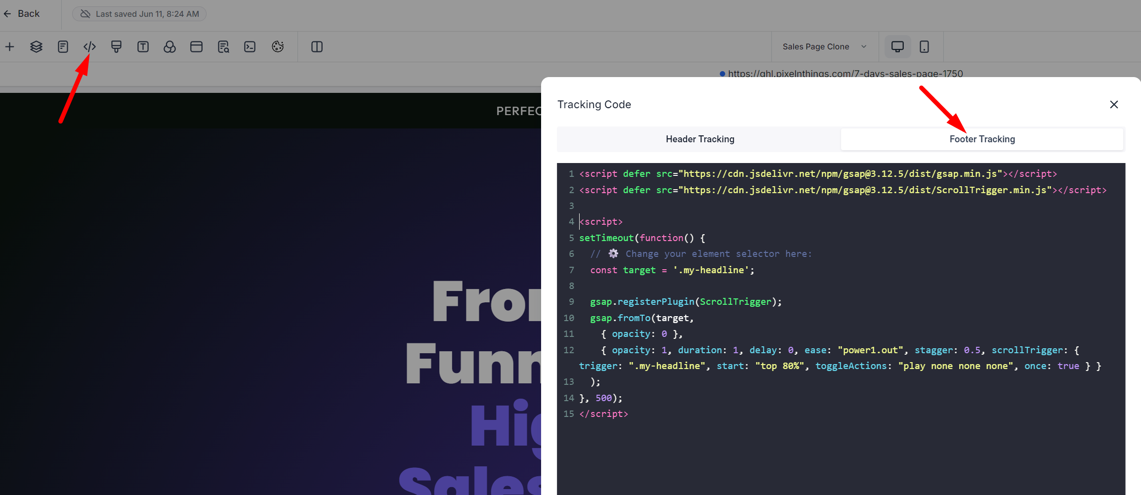 gsap animation code paste in the gohighlevel builder