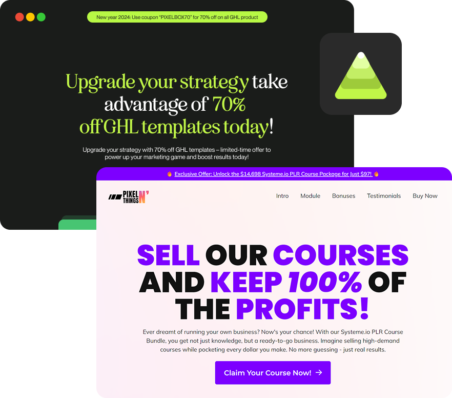professional funnel templates and website designs from pixelnthings showing course sales pages and ghl, systemeio templates for affiliate promotion