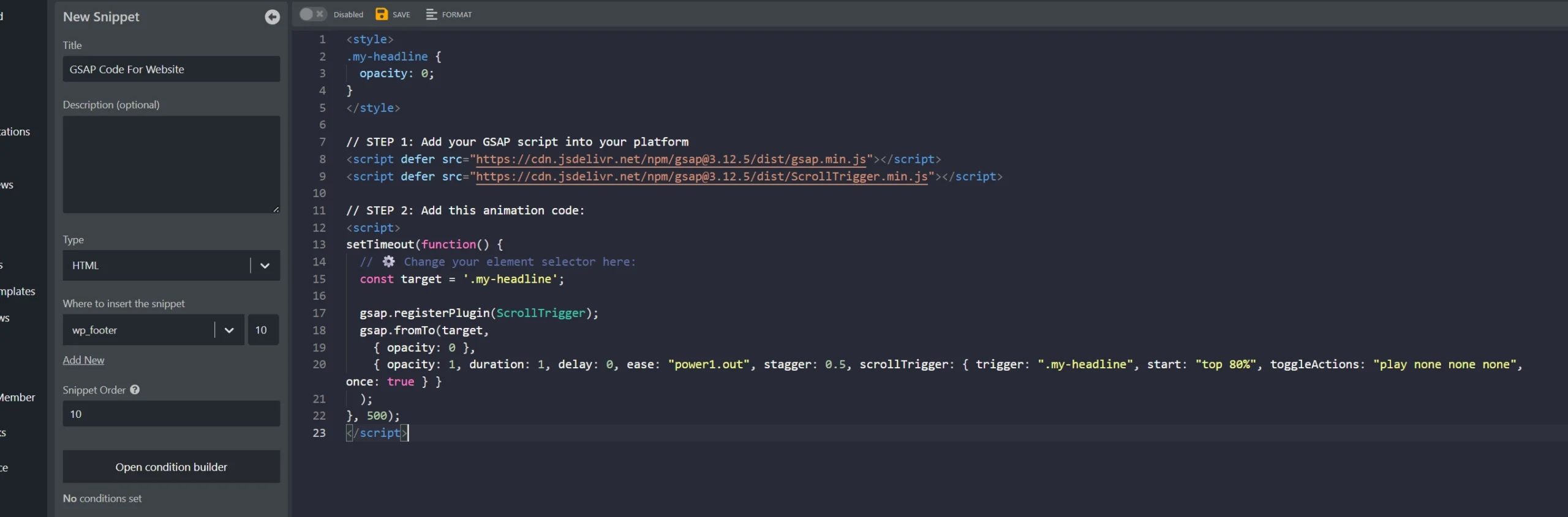 wpcodebox gsap code paste in the wordpress