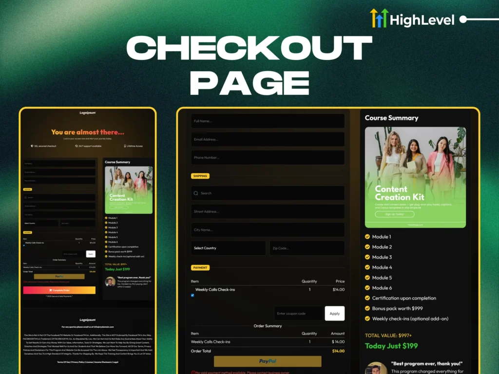 optimized checkout page design for course sales ghl funnel payment page preview