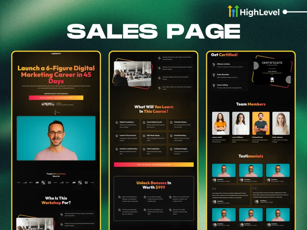 sales page template for digital courses and coaching gohighlevel dfy funnel for 6 figure