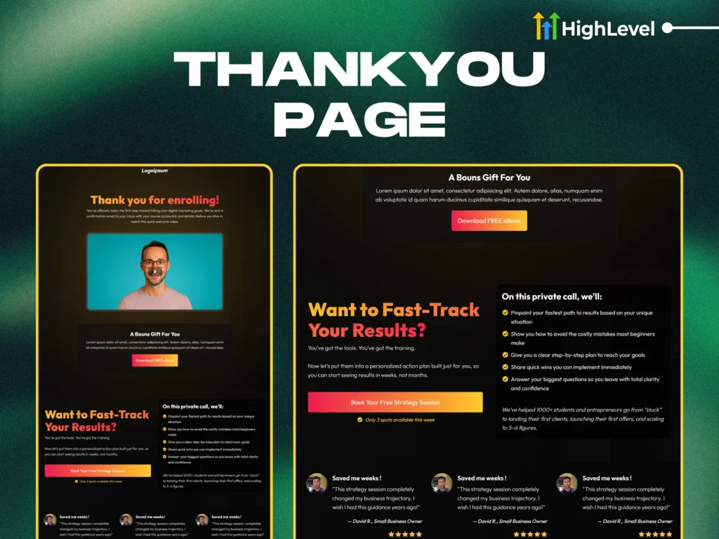 thank you page template with upsell cta gohighlevel funnel for online course or coach