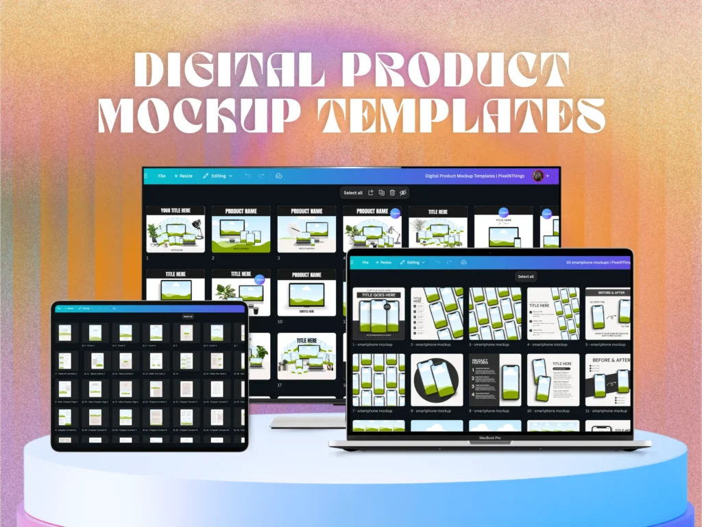 119 digital product mockup templates and 20 smartphone mockups for canva to showcase ebooks and planners