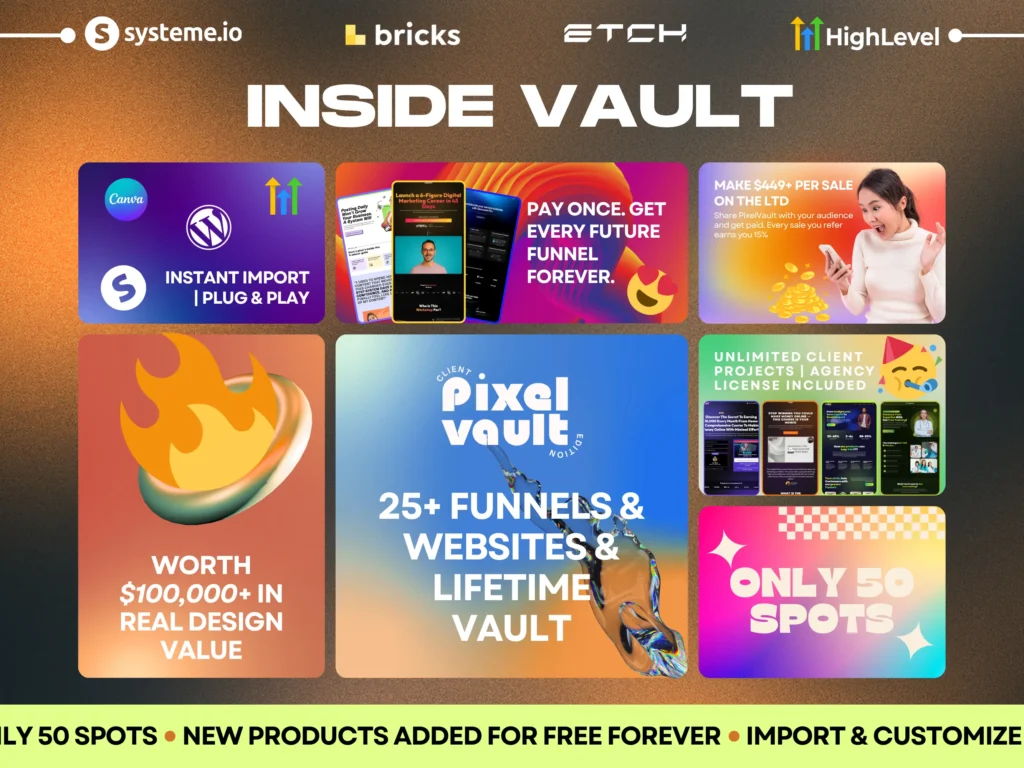 pixelvault vault preview 25+ systeme.io and gohighlevel funnels, websites, 2 years of free new products, agency license, and affiliate income