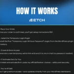 step by step instructions to activate etch wp on wordpress – place order, install temporary login plugin, send access, and get premium features with partner l