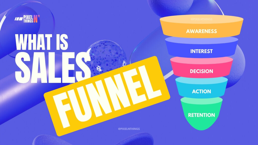 Illustration showing the 5 stages of a sales funnel — Awareness, Interest, Decision, Action, Retention, explained by PixelNThings