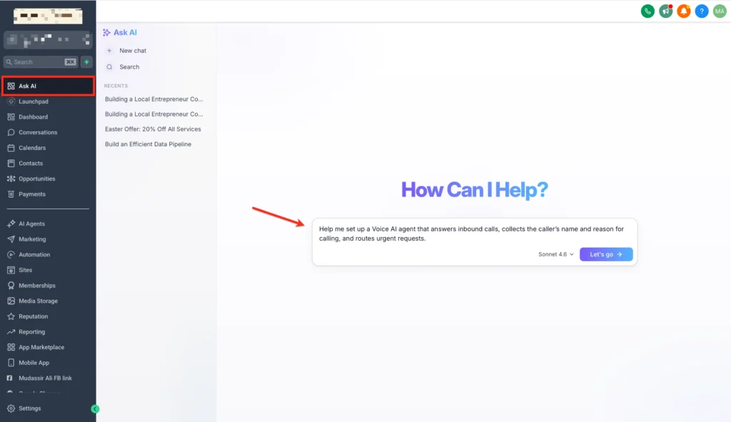 gohighlevel ask ai screenshot