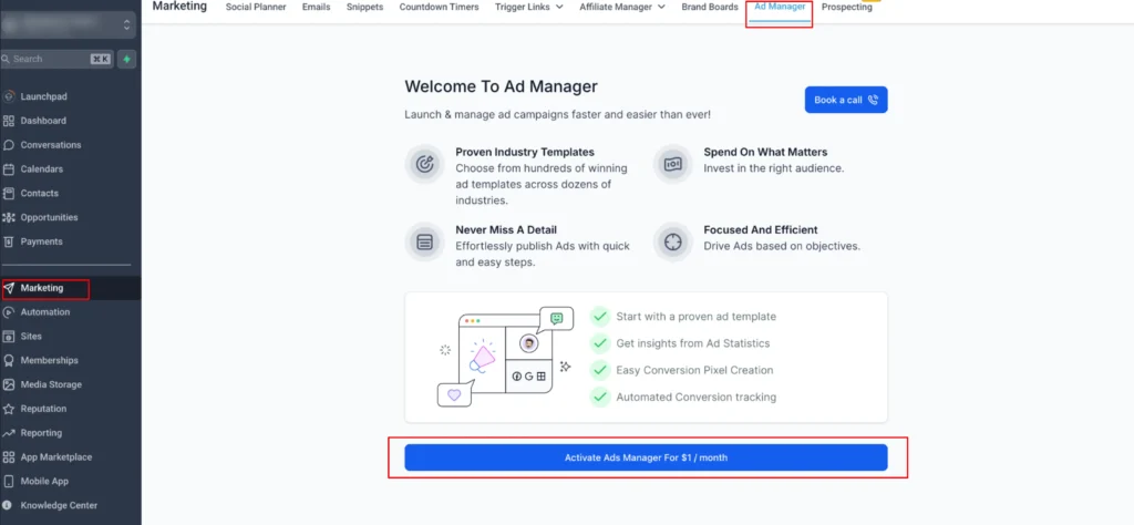 highlevel ad manager interface