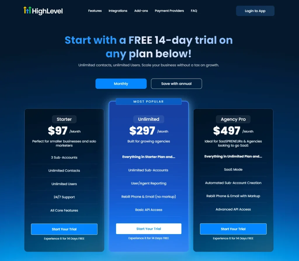 highlevel pricing page screenshot