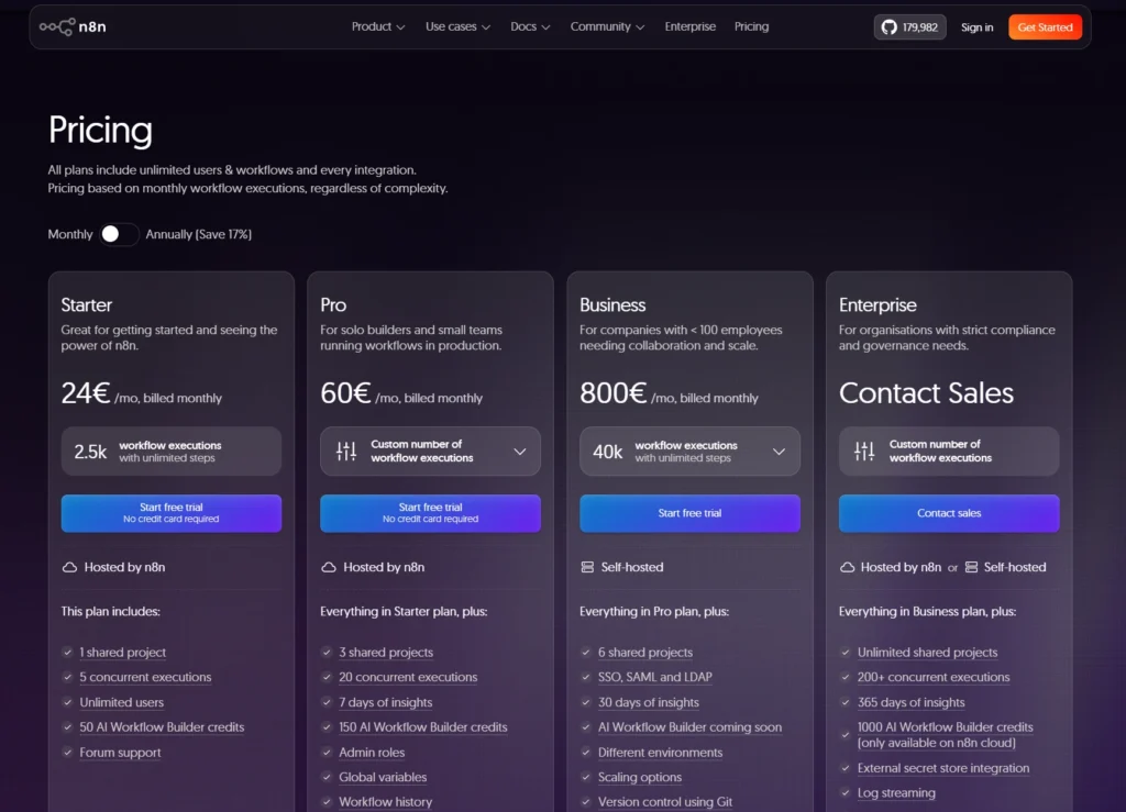 n8n pricing page screenhsot