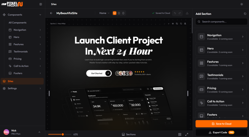 pixelntools builder creating a business landing page using reusable web components