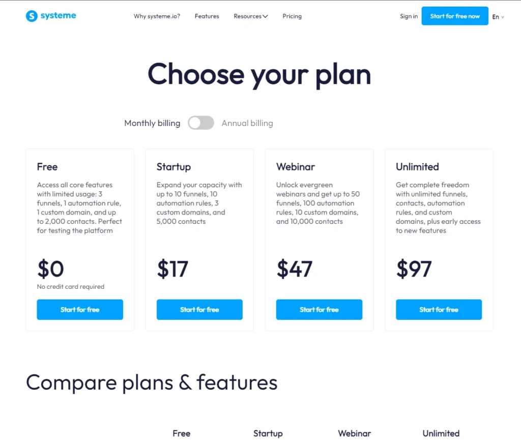 systeme.io pricing page screenshot