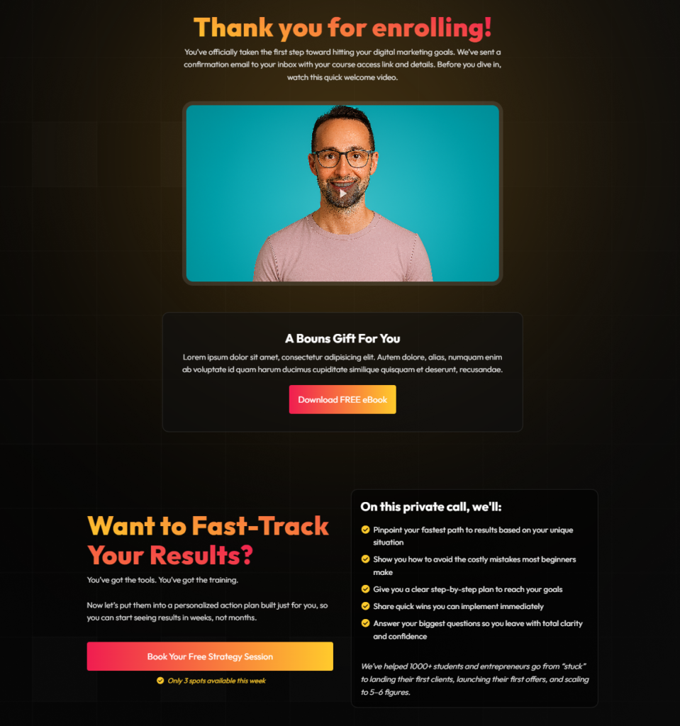thank you page example for funnel