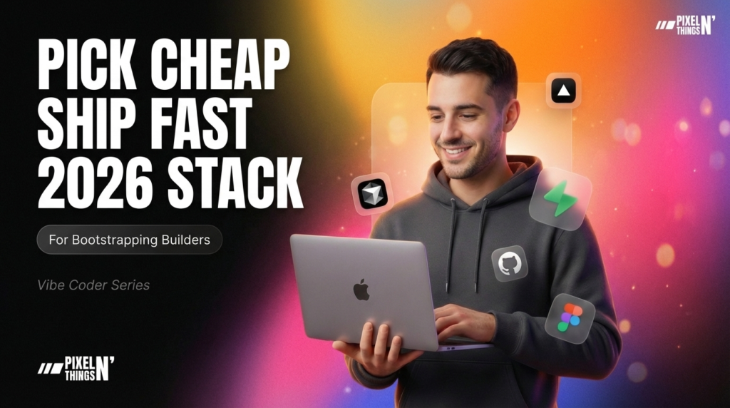 2026 vibe coder stack banner showing developer with laptop surrounded by Claude, Cursor, Vercel, Supabase, GitHub, and Figma icons