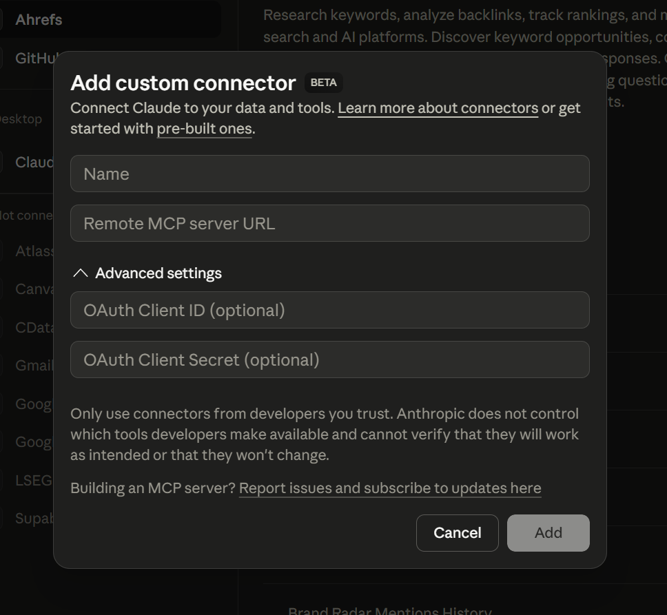 add custom connector modal marked beta with name, remote mcp server url, advanced settings (oauth client id and secret) inside claude desktop app