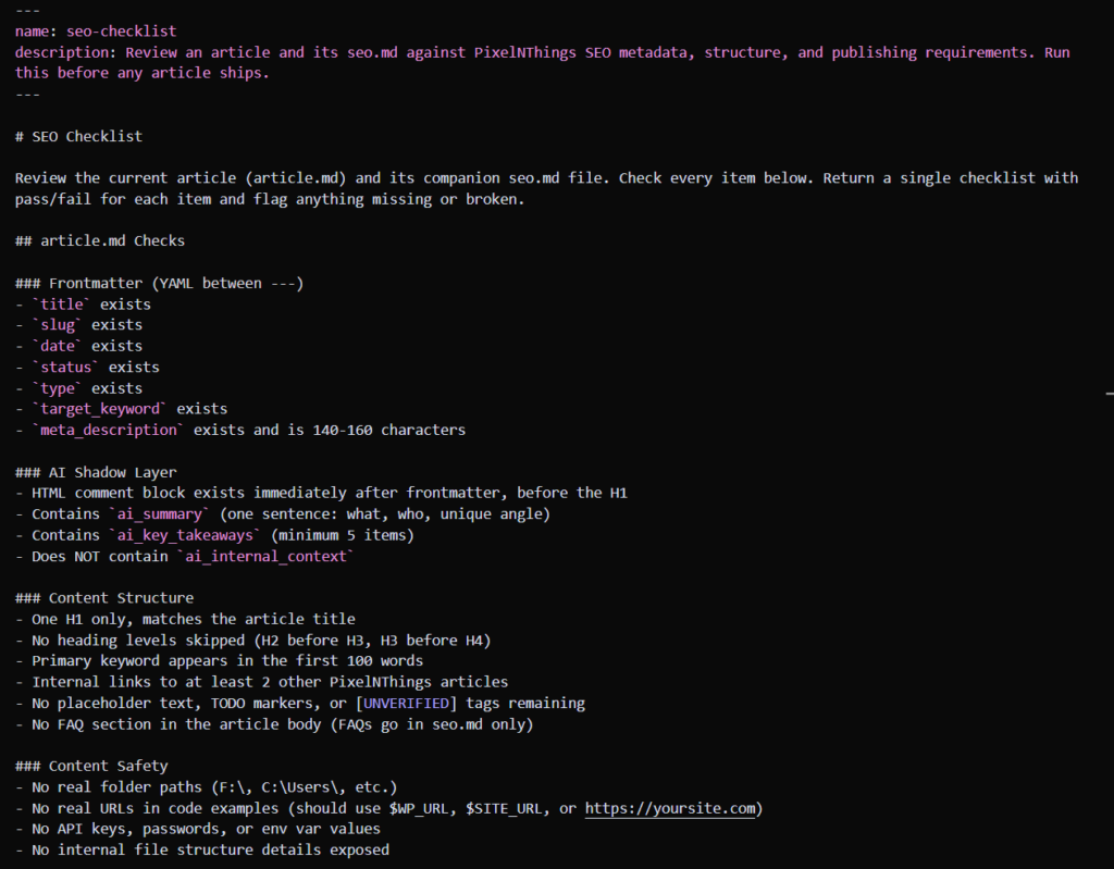 claude code skills for seo checklist inside ide