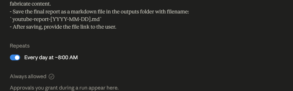 claude cowork scheduled task detail page showing repeat toggle button