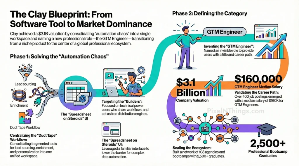 clay blueprint infographic detailing its $3.1b market dominance through product consolidation and the gtm engineer role