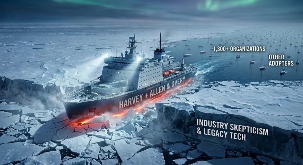 digital art of a massive icebreaker ship labeled 'harvey + allen & overy' smashing through ice labeled 'industry skepticism,' followed by a fleet of 1,300 plus organizations.