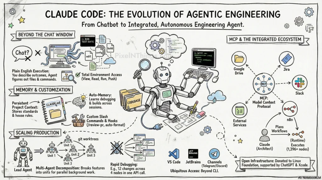infographic explaining claude code's agentic engineering showing mcp integration, multi agent scaling, and autonomous coding capabilities