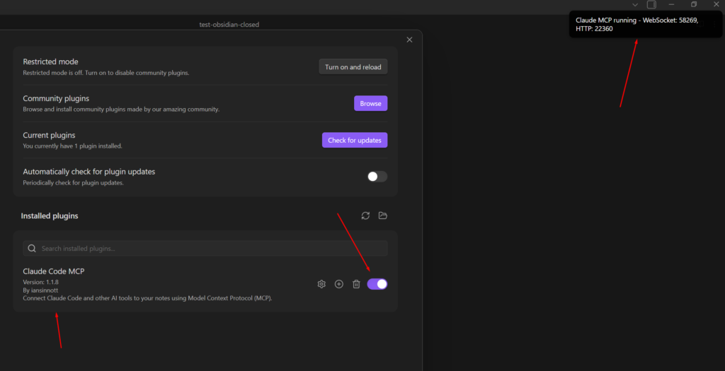 obsidian claude mcp plugin enabled