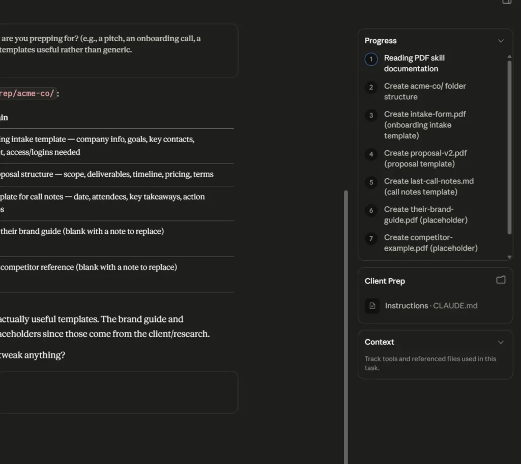 progress panel showing 8 steps read pdf skill, create folder structure, create intake form, create proposal, create call notes, create brand guide placeholder, create competitor