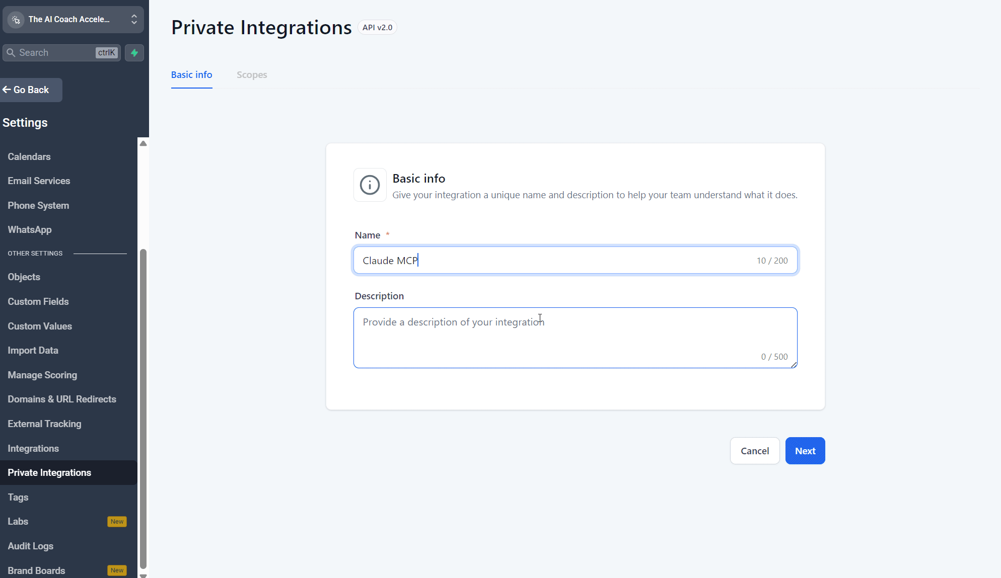 ghl private integration interface setup for claude